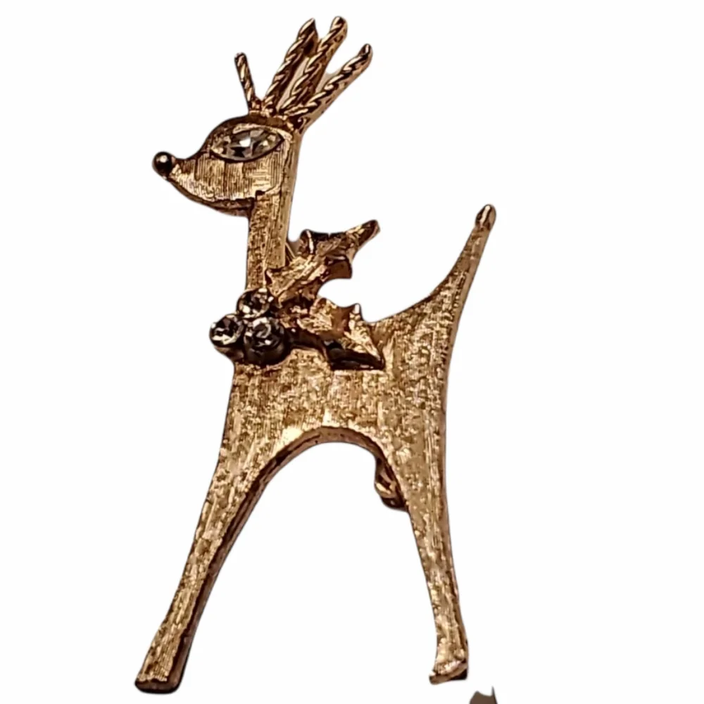 Unique Golden Reindeer Brooch with Crystal Eye & Holly Berry Wreath Collar